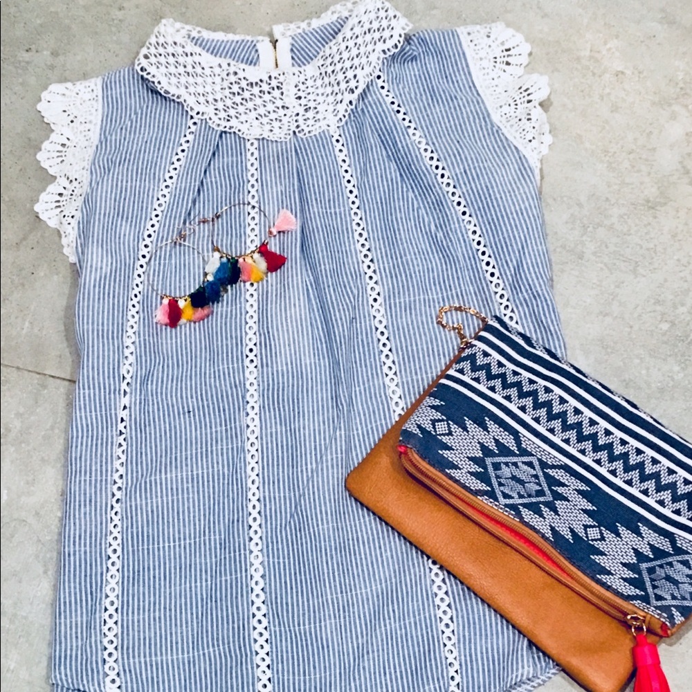 Blue White Lace Sleeveless Top Shirt